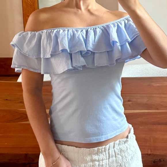 H&M Light Blue Pastel Off-Shoulder Ruffle Top – Size Small - Picture 5 of 9